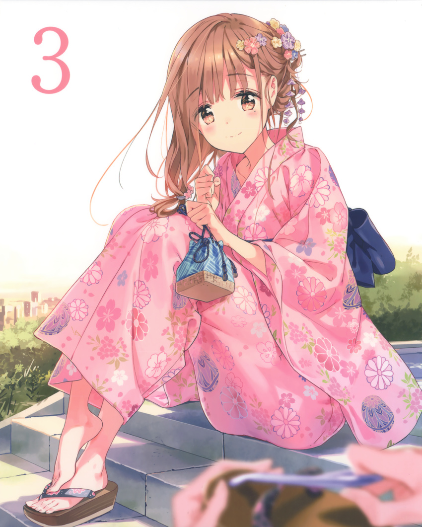 absurdres barefoot blush brown_eyes brown_hair feet female flower fujinomiya_neko hair_ornament highres japanese_clothes kimono kinchaku long_hair masamune-kun_no_revenge mole mole_under_eye platform_footwear pouch sandals scan shoes single_shoe sitting smile solo_focus tiv toes yukata