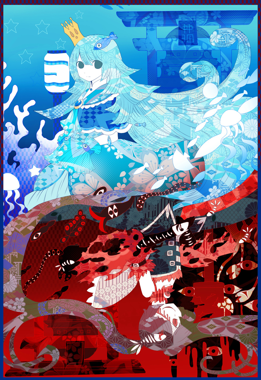 2girls absurdres argyle asa_no_ha_(pattern) bandaged_head bandages bare_shoulders blood blood_from_eyes blood_on_face blue_gemstone blue_hair blue_theme brown_hair cherry_blossoms chest_belt choker commentary_request contrast coral crown dingdang dress eel evil_grin evil_smile expressionless fish fish_hair_ornament fish_skeleton framed frills funamusea gem gradient grin hair_ornament hair_over_one_eye halftone hands_on_own_stomach highres japanese_clothes jellyfish jiiya_(funamusea) jitome kikumon kimono lantern long_hair looking_at_viewer mikotsuhime_(funamusea) multiple_girls oounabara_to_wadanohara polar_opposites red_theme rotational_symmetry sayagata sea_anemone shippou_(pattern) siblings sisters skeleton slit_pupils smile solid_eyes split_theme squid star_(symbol) striped tentacle textured_hair torii uomihime_(funamusea) upper_body upside-down very_long_hair wrist_cuffs yagasuri