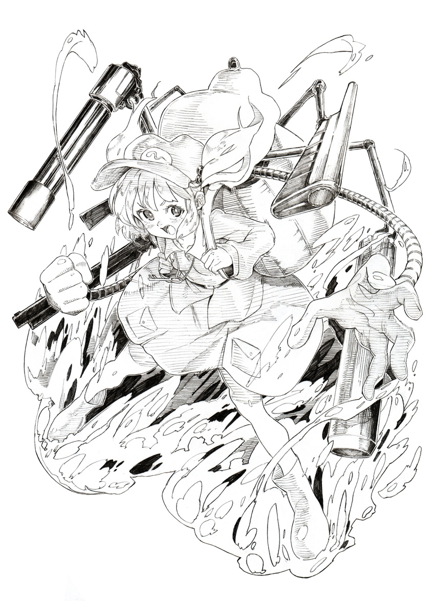 absurdres backpack bad_id bad_pixiv_id bag boots cannon female graphite_(medium) hair_bobbles hair_ornament hat highres kawashiro_nitori key long_sleeves mechanical_arms monochrome open_mouth oshake shirt skirt solo touhou traditional_media twitter_username