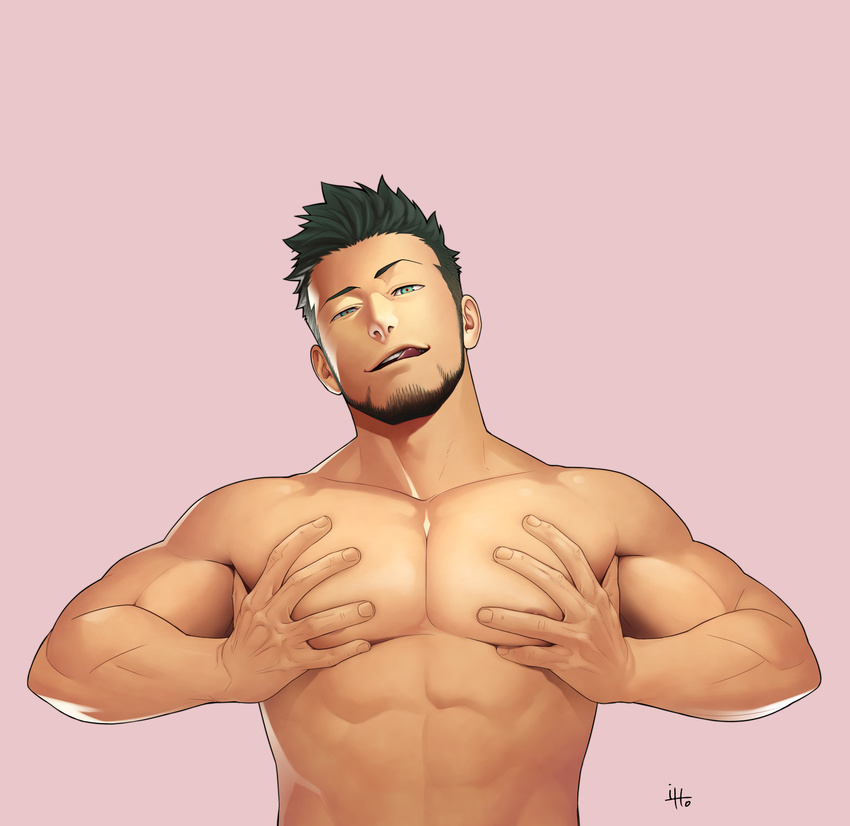 1boy bara beard black_hair facial_hair grabbing green_eyes gyee highres itto_(mentaiko) large_pectorals male_focus mature_male muscular muscular_male nipples no_tattoo pectoral_grab pectoral_press pectorals priapus priapus_a._tarou red_pupils solo tongue tongue_out topless_male upper_body