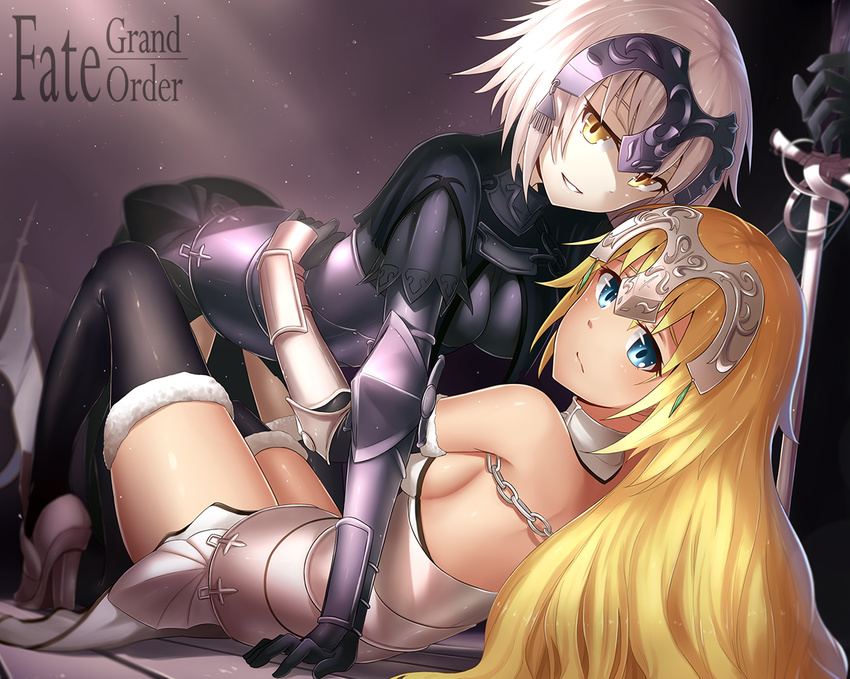 2girls armor armored_corset bare_shoulders blonde_hair blue_eyes breasts bu_li chains choker commentary cowgirl_position dual_persona fate/apocrypha fate/grand_order fate_(series) fur_trim gauntlets high_heels hug jeanne_d'arc_(fate) jeanne_d'arc_(third_ascension)_(fate) jeanne_d'arc_alter_(avenger)_(fate) jeanne_d'arc_alter_(fate) long_hair looking_at_viewer lying medium_breasts multiple_girls pale_skin selfcest short_hair sideboob smile sword thighhighs weapon white_hair yellow_eyes yuri