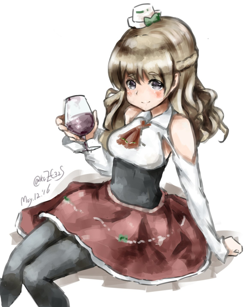 alcohol brown_eyes commentary_request cup drinking_glass female grey_hair hat highres kantai_collection kazu_(really_in_hot_water_now) long_hair mini_hat pantyhose pola_(kancolle) solo wavy_hair wine wine_glass