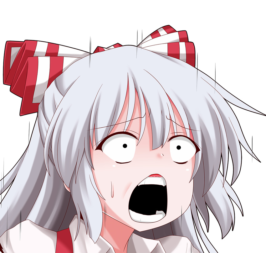 :o black_eyes bow commentary_request female fujiwara_no_mokou grey_hair guilty_gear guilty_gear_xrd hairbow leo_whitefang long_hair oden_(th-inaba) open_mouth parody simple_background solo style_parody surprised teeth touhou white_background