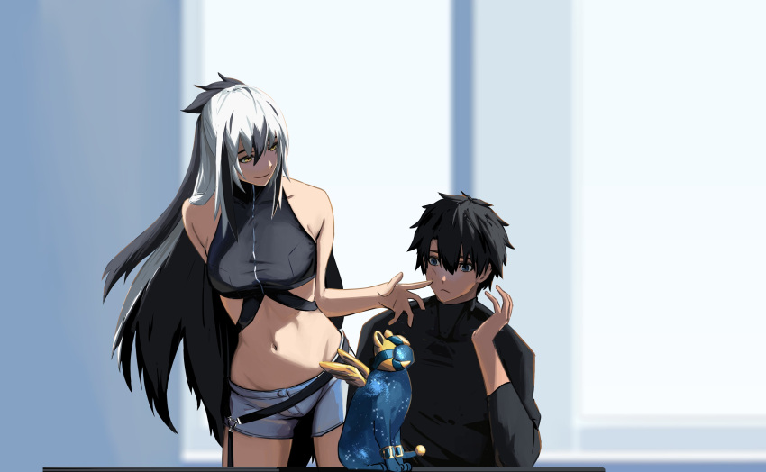 1boy absurdres bare_shoulders black_bodysuit black_hair bodysuit breasts crop_top fate/grand_order fate_(series) female fujimaru_ritsuka_(male) hair_between_eyes highres long_hair midriff multicolored_hair nagao_kagetora_(fate) navel paperpillar shirt shorts sleeveless smile sphinx_awlad two-tone_hair uesugi_kenshin_(fate) uesugi_kenshin_(second_ascension)_(fate) white_hair white_shorts