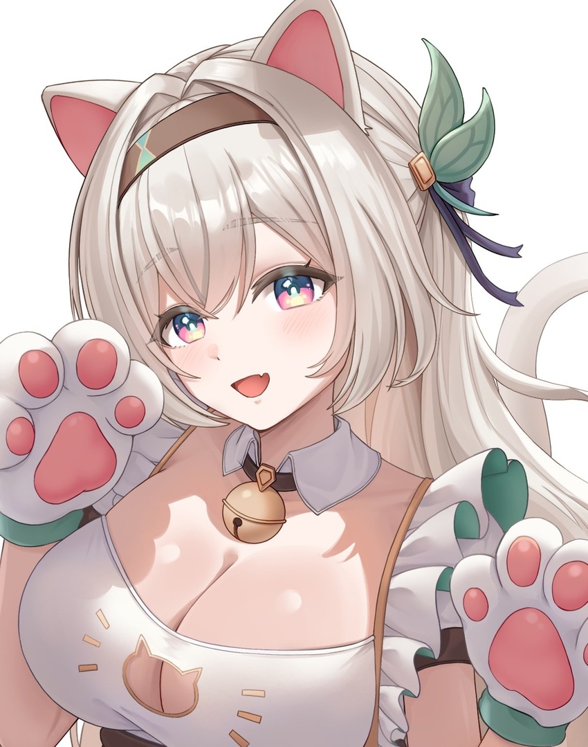 :d animal_hands bell black_hairband breasts cleavage commentary female firefly_(honkai:_star_rail) gloves grey_hair hairband head_tilt highres honkai:_star_rail honkai_(series) jingle_bell large_breasts long_hair looking_at_viewer neck_bell oerba_yun_fang open_mouth paw_gloves purple_eyes rang_g_c skin_fang smile solo upper_body white_background