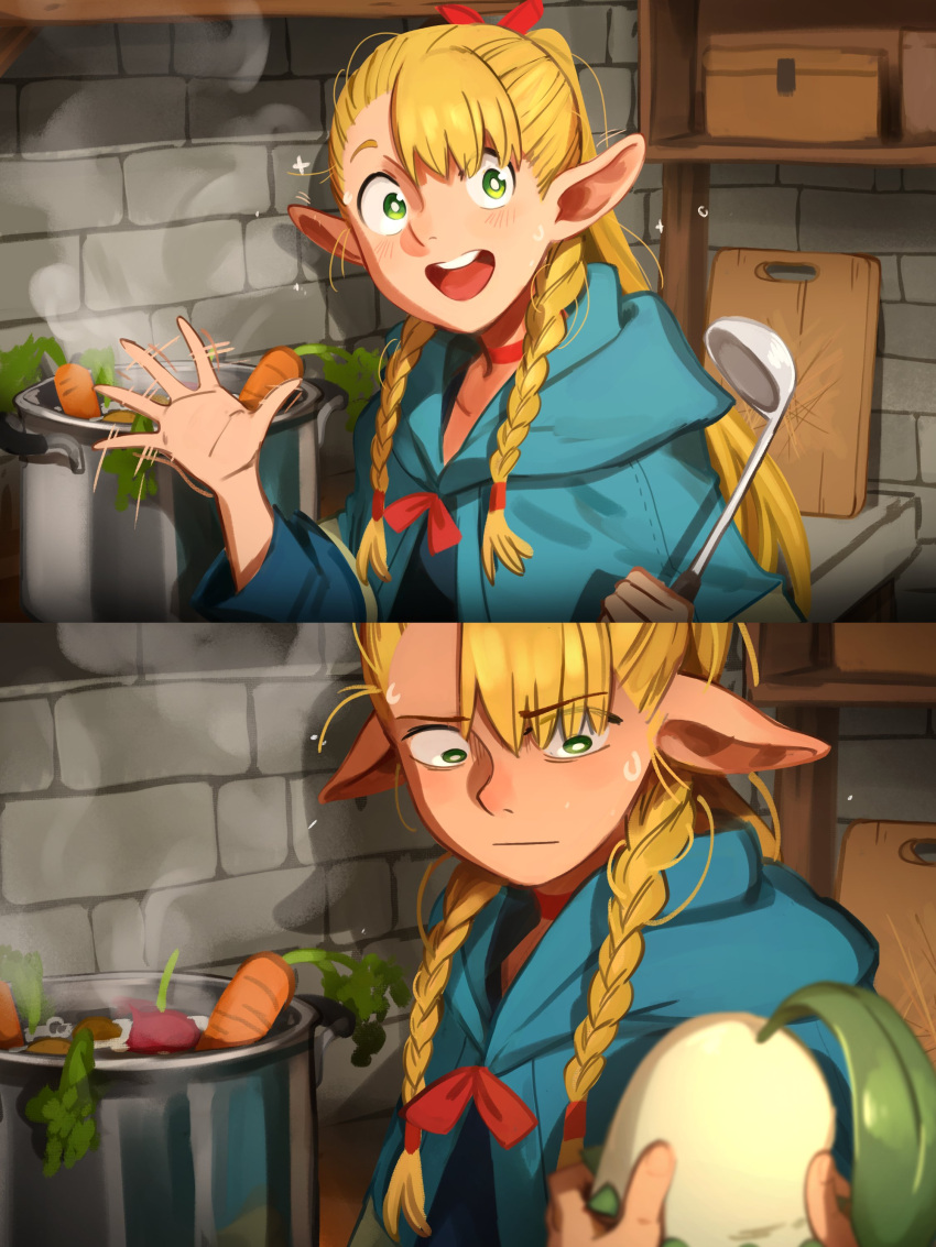 2024 3:4 5_fingers absurd_res ambiguous_gender blonde_hair chikorita clothed clothing cooking crossover delicious_in_dungeon elf female fingers generation_2_pokemon green_eyes group hair hi_res holding_ladle human humanoid_pointy_ears khyleri kitchen_utensils ladle looking_at_another mammal marcille_donato nintendo open_mouth open_smile pokemon pokemon_(species) smile teeth tongue tools trio