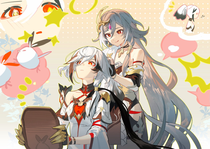 2girls bare_shoulders black_hair breasts bright_pupils commentary_request forehead_jewel fu_hua fu_hua_(fenghuang_of_vicissitude) fu_hua_(herrscher_of_sentience) grey_hair hair_between_eyes hair_ornament highres holding holding_mirror honkai_(series) honkai_impact_3rd jingwei_(bird) licking_lips long_hair mirror multicolored_hair multiple_girls rafaelaaa red_eyes shirt small_breasts tongue tongue_out two-tone_hair tying_another's_hair very_long_hair white_pupils white_shirt