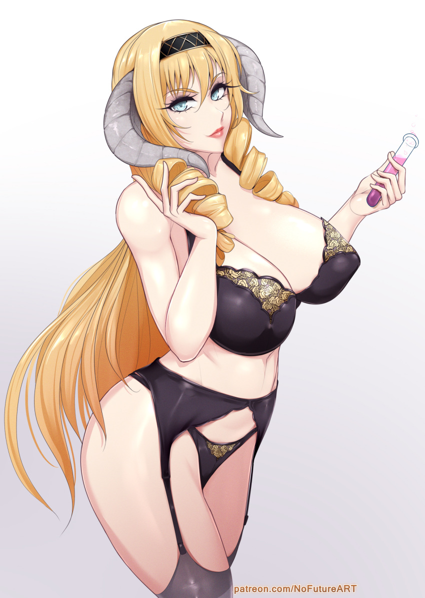 artist_name bare_shoulders black_bra black_panties blonde_hair blue_eyes blush bra breasts cleavage collarbone commentary contrapposto covered_nipples cowboy_shot demon_girl demon_horns drill_hair elixir english_commentary female garter_belt garter_straps gradient_background grey_background hair_between_eyes hairband highres holding horns lace lace-trimmed_bra lace-trimmed_panties lace_trim large_breasts lingerie lips long_hair looking_at_viewer mammon_(the_seven_deadly_sins) mature_female nail_polish navel nofuture panties parted_lips patreon_username pointy_ears simple_background skindentation smile solo standing the_seven_deadly_sins thick_thighs thighhighs thighs twin_drills underwear underwear_only very_long_hair