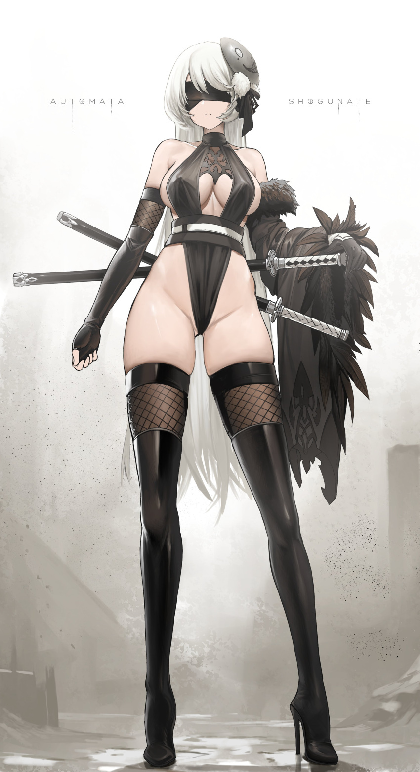 2b_(nier:automata) absurdres adapted_costume alternate_costume artist_name bare_shoulders black_blindfold black_footwear black_gloves blindfold boots breasts closed_mouth clothing_cutout commentary copyright_name covered_eyes covered_nipples dishwasher1910 elbow_gloves female fingerless_gloves full_body fur_trim gloves groin high_heel_boots high_heels highres katana large_breasts long_legs long_sleeves mask mask_on_head nier:automata nier_(series) ninja no_bra no_panties pelvic_curtain sheath sheathed short_hair sideboob solo standing sweat sword symbol-only_commentary thigh_boots thighhighs thighs weapon white_hair wide_sleeves yoko_taro