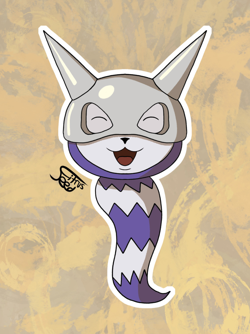 3:4 ambiguous_gender armor bandai_namco black_nose caprimon citrusseed closed_eyes digimon digimon_(species) feral fur headgear helmet hi_res horn horned_helmet open_mouth pattern_background purple_body purple_fur signature silver_helmet simple_background smile smiling_at_viewer solo tail white_body white_fur