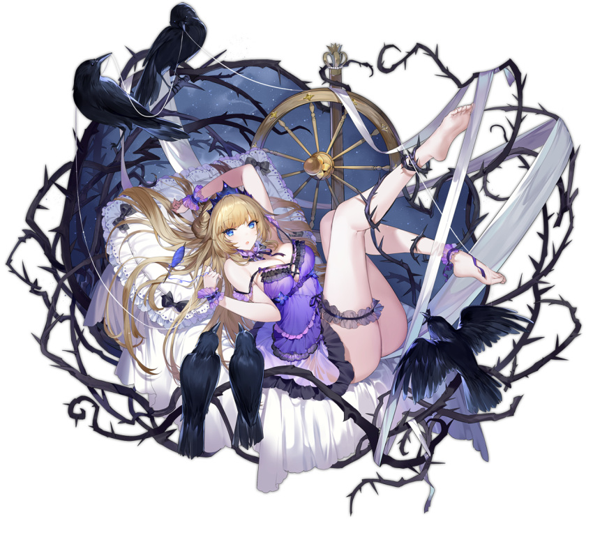 ankle_cuffs ark_order babydoll bare_legs bare_shoulders barefoot bed_sheet bird black_bow blonde_hair blue_eyes bow breasts bridal_garter crow crown crystal female flower full_body hairbow hatoyama_itsuru large_breasts looking_at_viewer lying official_art on_back open_mouth pillow purple_babydoll rose sleeping_beauty sleeping_beauty_(ark_order) sleeping_beauty_(character) solo spindle spinning_wheel thorns transparent_background variant_set white_flower white_rose wrist_cuffs