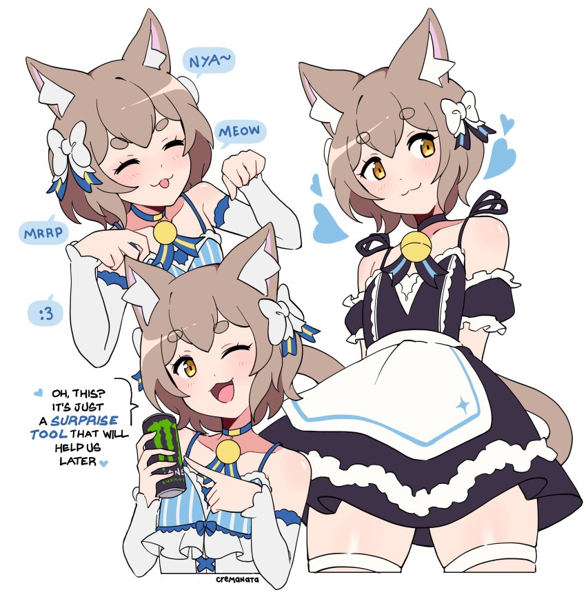 :3 absurd_res accessory alternative_fashion animal_humanoid armwear bare_shoulders beverage beverage_can blep blush bow_ribbon casual_lolita cat_humanoid closed_eyes clothed clothing cremanata crossdressing dialogue ear_piercing ear_ring english_text felid felid_humanoid feline feline_humanoid femboy ferris_argyle hair_accessory hair_ribbon hairbow heart_symbol hi_res humanoid j-fashion light_body light_skin lolita_(fashion) looking_at_viewer maid_uniform male mammal mammal_humanoid monster_energy one_eye_closed open_mouth open_smile piercing re:zero ribbons ring_piercing signature smile solo speech_bubble talking_to_viewer text tongue tongue_out uniform wink