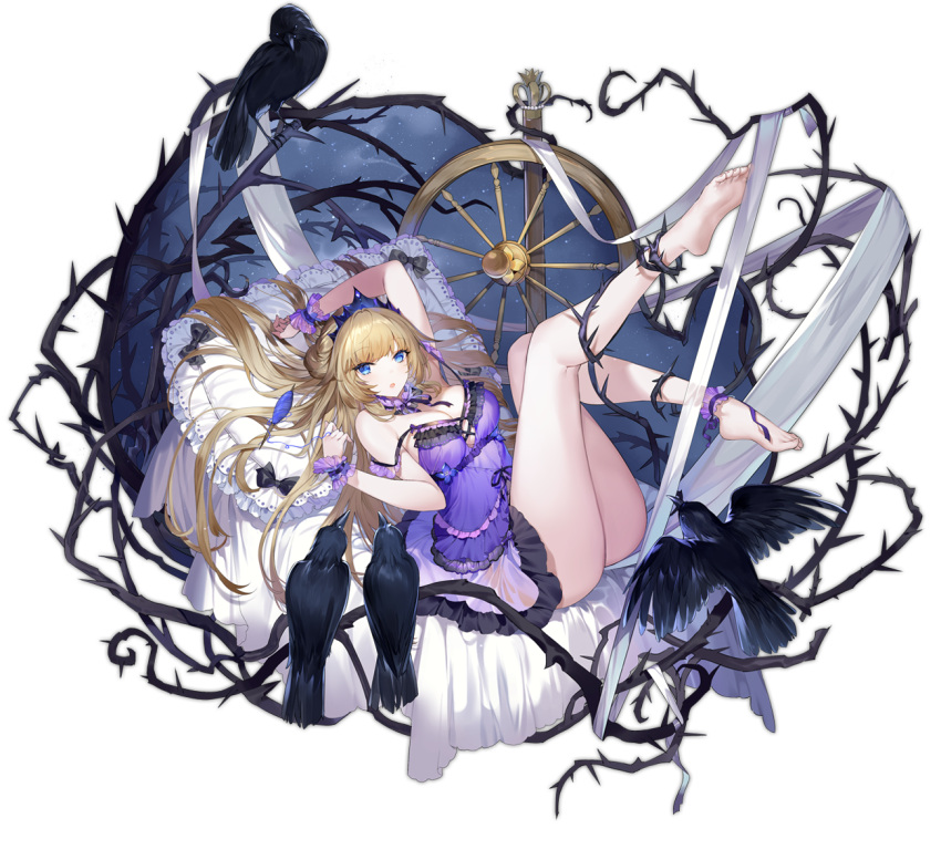 ankle_cuffs ark_order babydoll bare_legs bare_shoulders barefoot bed_sheet bird black_bow blonde_hair blue_eyes bow breasts bridal_garter crow crown crystal female flower full_body hairbow hatoyama_itsuru large_breasts looking_at_viewer lying official_art on_back open_mouth pillow purple_babydoll rose sleeping_beauty sleeping_beauty_(ark_order) sleeping_beauty_(character) solo spindle spinning_wheel thorns transparent_background variant_set white_flower white_rose wrist_cuffs