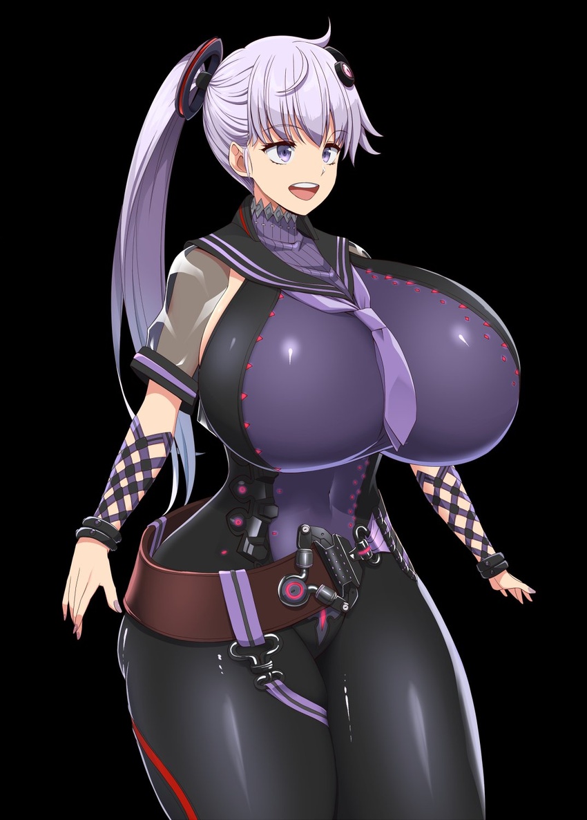 :d ahoge alternate_color belt black_background bodysuit breasts brown_belt cosplay covered_navel cowboy_shot curvy eve_(stellar_blade) eve_(stellar_blade)_(cosplay) female gigantic_breasts hair_ornament highres kloah long_hair multicolored_bodysuit multicolored_clothes multiple_bracelets necktie open_mouth planet_diving_suit_(6th)_(stellar_blade) ponytail purple_eyes purple_hair purple_nails purple_necktie sailor_collar see-through see-through_sleeves short_sleeves simple_background smile solo stellar_blade teeth thick_thighs thighs turtleneck turtleneck_bodysuit upper_teeth_only vocaloid voiceroid yuzuki_yukari