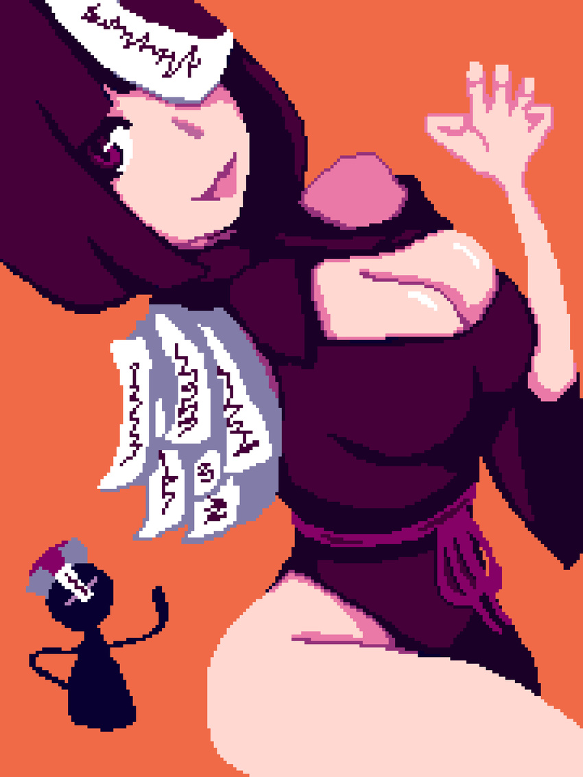 amputee anna_graem breasts cleavage_cutout clothing_cutout cosplay female hair_over_one_eye highres jiangshi jiangshi_costume lzmdru4_1 medium_breasts ofuda ofuda_on_head open_mouth orange_background outstretched_arms pixel_art va-11_hall-a zombie_pose