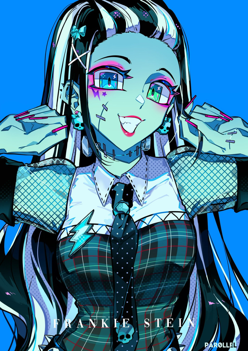 aqua_bow artist_name black_hair black_necktie blue_background blue_eyes bow breasts character_name collared_shirt colored_skin commentary ear_piercing earrings english_commentary english_text eyeshadow facial_mark female fishnets frankie_stein green_eyes green_skin grin hair_ornament hairbow hands_up heterochromia highres jewelry lightning_bolt_facial_mark long_hair looking_at_viewer makeup monster_high multicolored_hair nail_polish necktie par0llel piercing pink_eyeshadow pink_nails plaid_clothes polka_dot_necktie red_lips shirt simple_background skull_earrings smile solo spiked_ear_piercing square_eyes star_(symbol) star_facial_mark stitches streaked_hair symbol_in_eye two-tone_hair upper_body white_hair x_hair_ornament