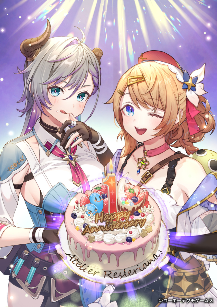 2girls :q absurdres ahoge anniversary artist_collaboration atelier_(series) atelier_resleriana birthday_cake black_gloves blonde_hair blue_eyes braid breasts broken_horn cake choker commentary_request copyright_name copyright_notice food food_on_face gloves hair_between_eyes hair_ornament hairclip happy_anniversary hat highres holding holding_plate horns jewelry licking_own_finger long_hair long_sleeves looking_at_viewer multiple_girls official_art open_mouth partially_fingerless_gloves pink_choker pink_hat plate puni_(atelier) purple_background purple_hair resna_sternenlicht ring sideboob smile standing tokki tongue tongue_out umiu_geso valeria_(atelier)