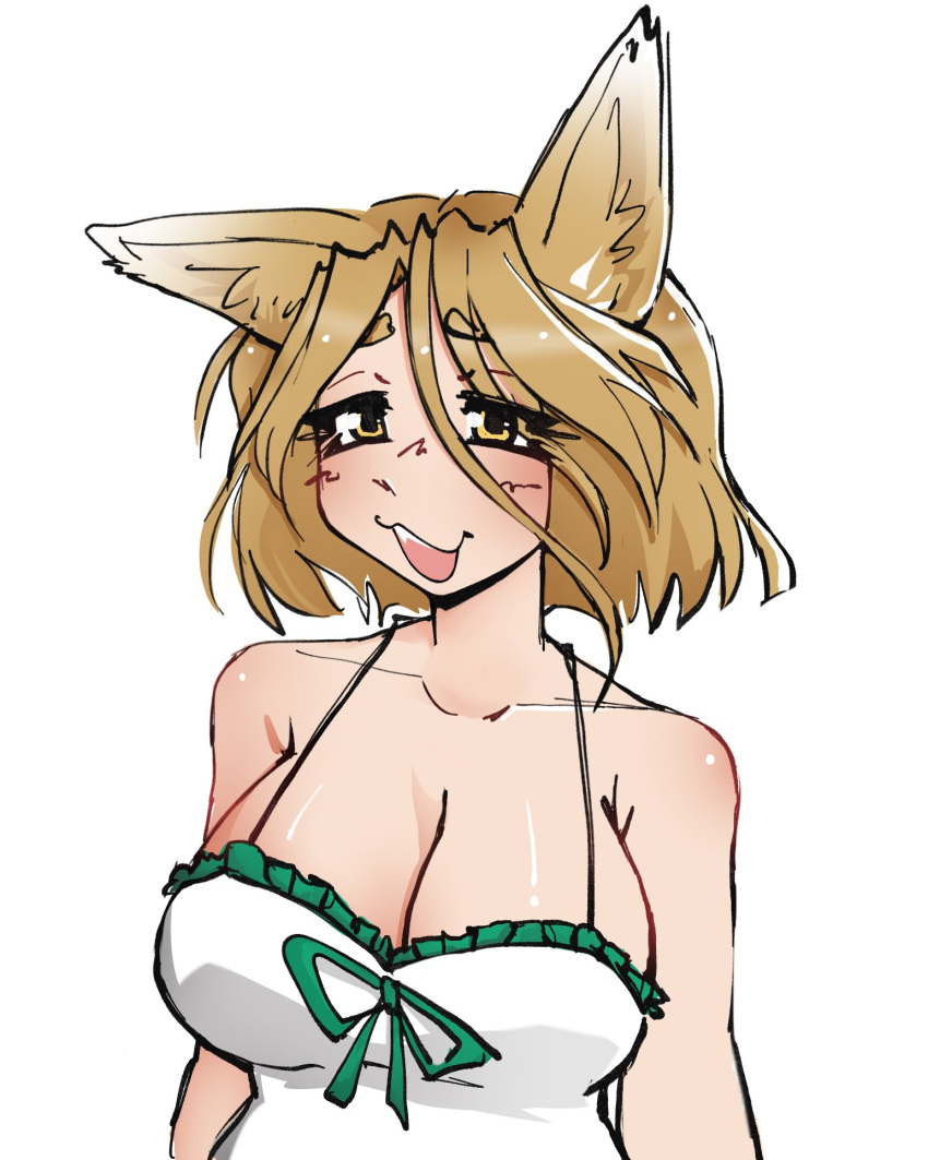 animal_ears breasts brown_eyes brown_hair cleavage commentary deily english_commentary female fox_ears fox_girl hair_between_eyes highres kudamaki_tsukasa large_breasts looking_at_viewer open_mouth simple_background solo touhou upper_body white_background