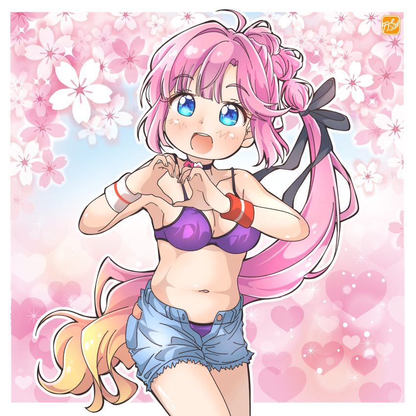 :d ahoge anyoji_hime bikini bikini_under_shorts black_ribbon blonde_hair blue_eyes blue_shorts blunt_bangs blush border breasts cleavage collarbone commentary_request cosplay cowboy_shot female gradient_hair hair_intakes hair_ribbon heart heart_hands highres hoshizora_rin hoshizora_rin_(cosplay) link!_like!_love_live! long_hair looking_at_viewer love_live! love_live!_school_idol_project medium_breasts multi-tied_hair multicolored_hair navel official_alternate_costume outside_border own_hands_together pink_hair ponytail purple_bikini ribbon sakuramon short_shorts shorts sidelocks smile solo stomach string_bikini swept_bangs swimsuit takecho very_long_hair virtual_youtuber white_border