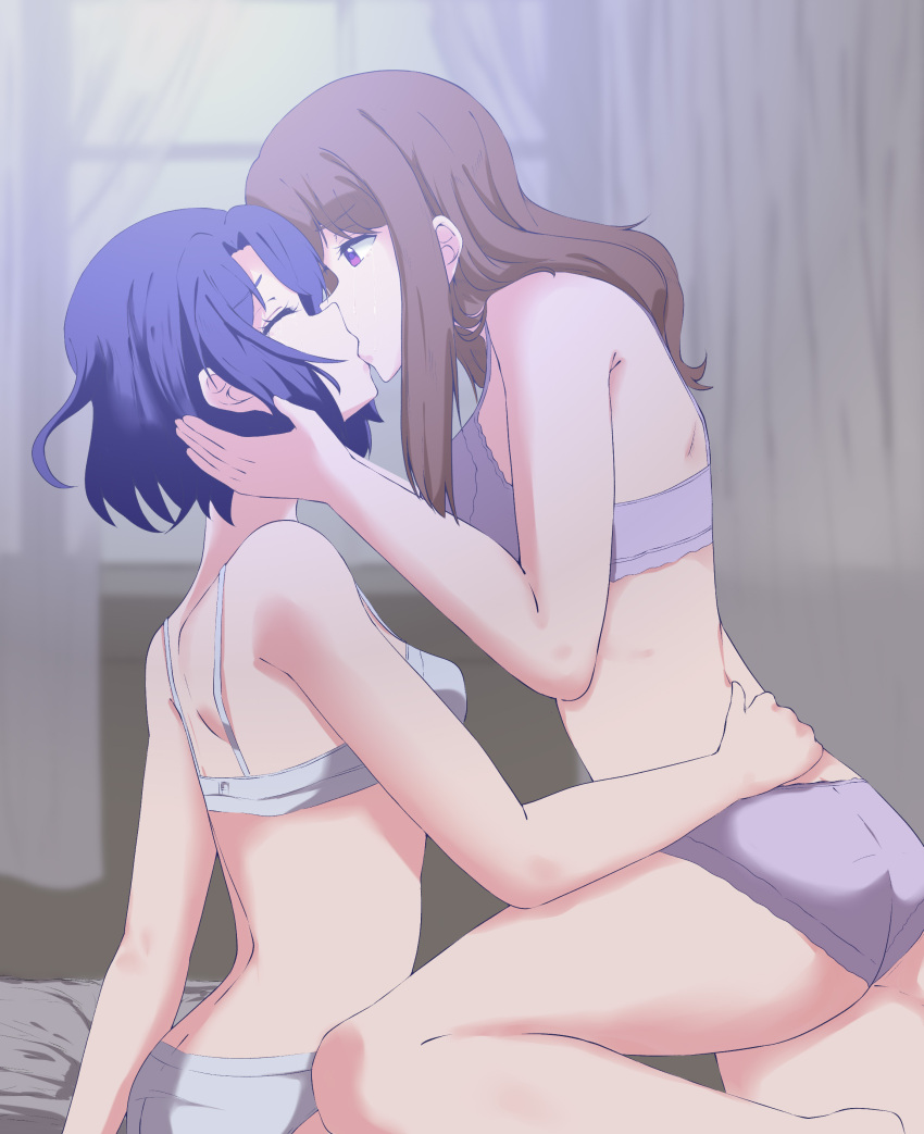 2girls absurdres adachi_sakura adachi_to_shimamura blue_hair bra breasts brown_hair closed_eyes commentary crying crying_with_eyes_open highres indoors kissing long_hair medium_breasts multiple_girls panties purple_bra purple_eyes purple_panties shimamura_hougetsu short_hair sidelocks tears underwear underwear_only white_bra white_panties yuri yuriyurisuki