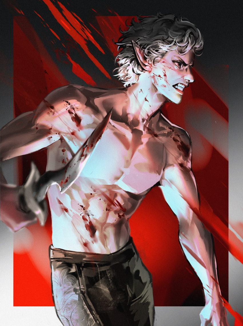 1boy abs angry astarion baldur's_gate baldur's_gate_3 black_pants blood blood_on_chest blood_on_face blood_on_hands blood_on_weapon blurry border clenched_teeth cowboy_shot dagger depth_of_field dungeons_&_dragons gradient_background gradient_border grey_border grey_hair highres holding holding_dagger holding_knife holding_weapon knife looking_to_the_side male_focus outside_border pants pectorals pointy_ears rayfish_(ray_hsif) red_background red_eyes short_hair solo standing teeth toned toned_male topless_male weapon