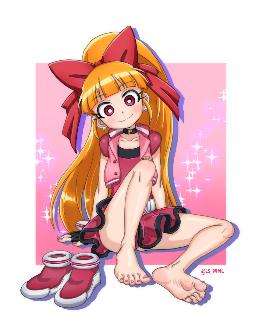 absurdres akazutsumi_momoko barefoot belt black_choker blush bright_pupils choker female hair_ribbon high_ponytail highres hyper_blossom knee_up long_hair looking_at_viewer nail_polish orange_hair ponytail powerpuff_girls_z red_eyes red_nails red_ribbon red_vest ribbon shoes sitting solo tsukimaru_(ls_99ml) vest white_belt white_pupils