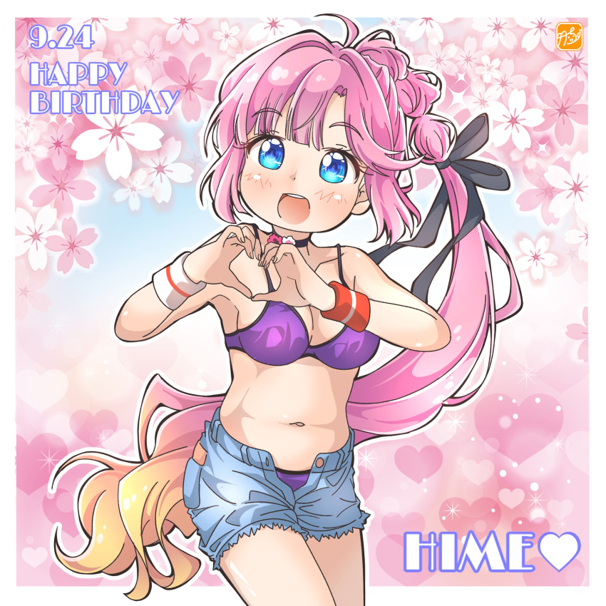 :d ahoge anyoji_hime bikini bikini_under_shorts black_ribbon blonde_hair blue_eyes blue_shorts blunt_bangs blush border breasts character_name cleavage collarbone commentary_request cosplay cowboy_shot dated female gradient_hair hair_intakes hair_ribbon happy_birthday heart heart_hands highres hoshizora_rin hoshizora_rin_(cosplay) link!_like!_love_live! long_hair looking_at_viewer love_live! love_live!_school_idol_project medium_breasts multi-tied_hair multicolored_hair navel official_alternate_costume outside_border own_hands_together pink_hair ponytail purple_bikini ribbon sakuramon short_shorts shorts sidelocks smile solo stomach string_bikini swept_bangs swimsuit takecho very_long_hair virtual_youtuber white_border