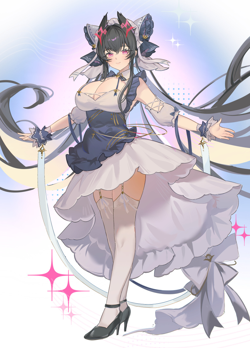 absurdres apron ariko_(aaaaarik) azur_lane bare_shoulders black_apron black_hair blush breasts cheshire_(azur_lane) cheshire_(azur_lane)_(cosplay) cleavage closed_mouth colored_inner_hair commentary commission cosplay dress english_commentary female frilled_apron frills full_body garter_straps gradient_background high_heels highres large_breasts long_hair looking_at_viewer maid_apron multicolored_hair outstretched_arms pink_eyes pixiv_commission smile solo spread_arms standing strasbourg_(azur_lane) thighhighs very_long_hair white_dress white_garter_straps white_thighhighs wrist_wrap