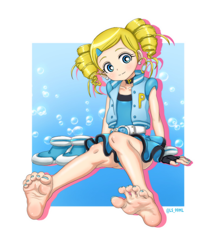 absurdres barefoot black_gloves blonde_hair blue_eyes blue_nails blue_vest blush bright_pupils curly_hair drill_hair earrings female fingerless_gloves gloves goutokuji_miyako hair_ornament hairclip highres jewelry looking_at_viewer nail_polish powerpuff_girls_z rolling_bubbles shoes sitting smile soles solo tsukimaru_(ls_99ml) twin_drills vest white_pupils