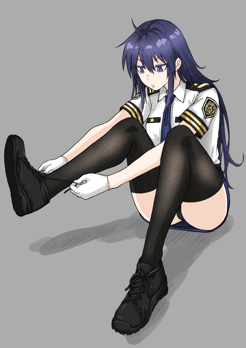 :o absurdres ahoge black_footwear black_panties black_thighhighs blue_necktie blue_skirt breast_pocket collared_shirt dot_nose emblem epaulettes female fuku_(fuku12290574) gloves grey_background hair_between_eyes highres long_hair miniskirt necktie on_floor open_mouth original panties parted_lips pencil_skirt pocket police police_uniform policewoman purple_eyes purple_hair shadow shirt shirt_tucked_in short_sleeves sidelocks sitting skirt sleeve_cuffs solo striped_sleeve_cuffs thick_eyelashes thighhighs thighs tying_footwear underwear upskirt v-shaped_eyebrows white_gloves white_shirt zettai_ryouiki