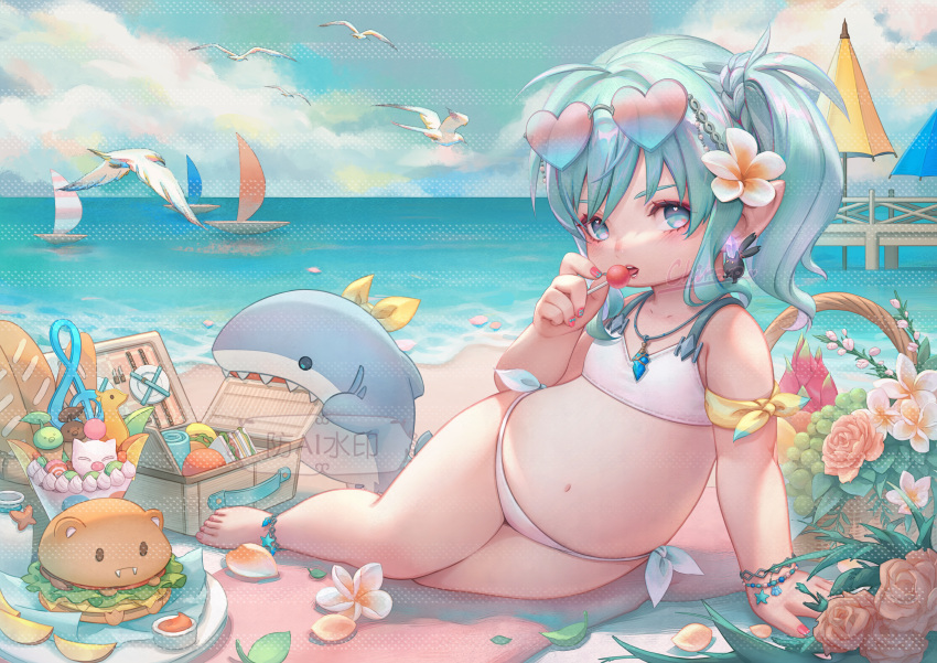 absurdres anklet armband baguette beach bikini bird blue_eyes blue_hair boat bracelet braid bread burger candy chiroro_(joy_jun_cool) earrings eyewear_on_head female final_fantasy final_fantasy_xiv flower food fruit full_body grapes hair_between_eyes hair_flower hair_ornament heart heart-shaped_eyewear highres holding holding_candy holding_food holding_lollipop jewelry lalafell licking lollipop looking_at_viewer lying nail_polish navel ocean on_side open_mouth orange_(fruit) parfait picnic_basket plump pointy_ears seagull sexually_suggestive side_ponytail single_earring solo stomach sunglasses swimsuit the_major-general_(ff14) warrior_of_light_(ff14) watercraft white_bikini