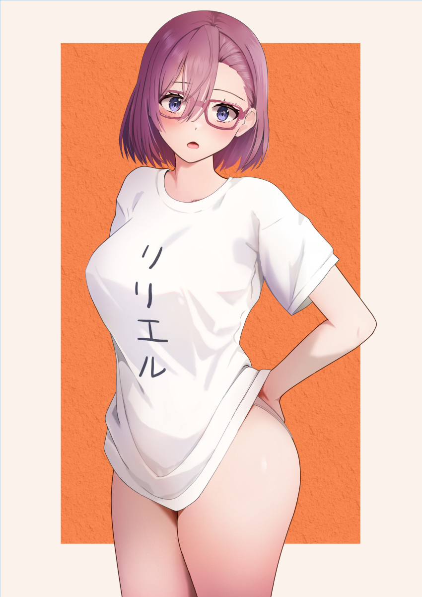 2.5_jigen_no_ririsa absurdres amano_ririsa arms_behind_back blue_eyes blush bottomless breasts clothes_writing commentary_request female gibun_(sozoshu) glasses hair_between_eyes highres large_breasts looking_at_viewer naked_shirt open_mouth purple-framed_eyewear purple_hair shirt short_hair solo thighs two-tone_background white_shirt wide_hips