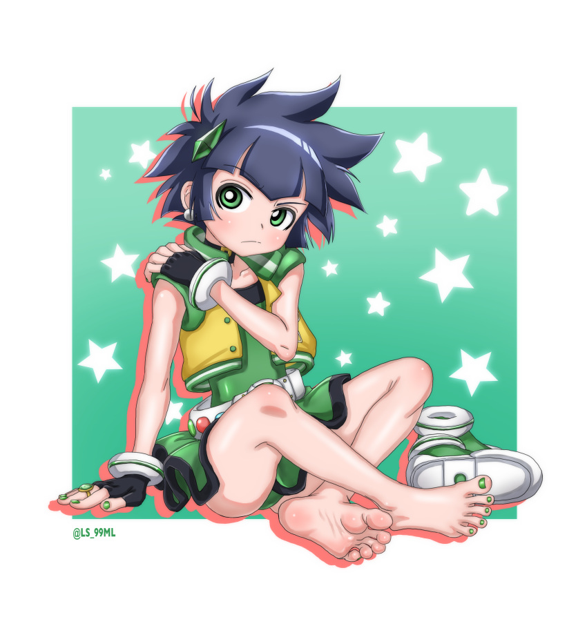 absurdres barefoot black_hair blush bright_pupils butterfly_sitting earrings female fingerless_gloves gloves green_eyes green_nails hand_on_own_shoulder highres jewelry looking_at_viewer matsubara_kaoru nail_polish powered_buttercup powerpuff_girls_z shoes short_hair sitting solo tsukimaru_(ls_99ml) vest white_pupils yellow_vest