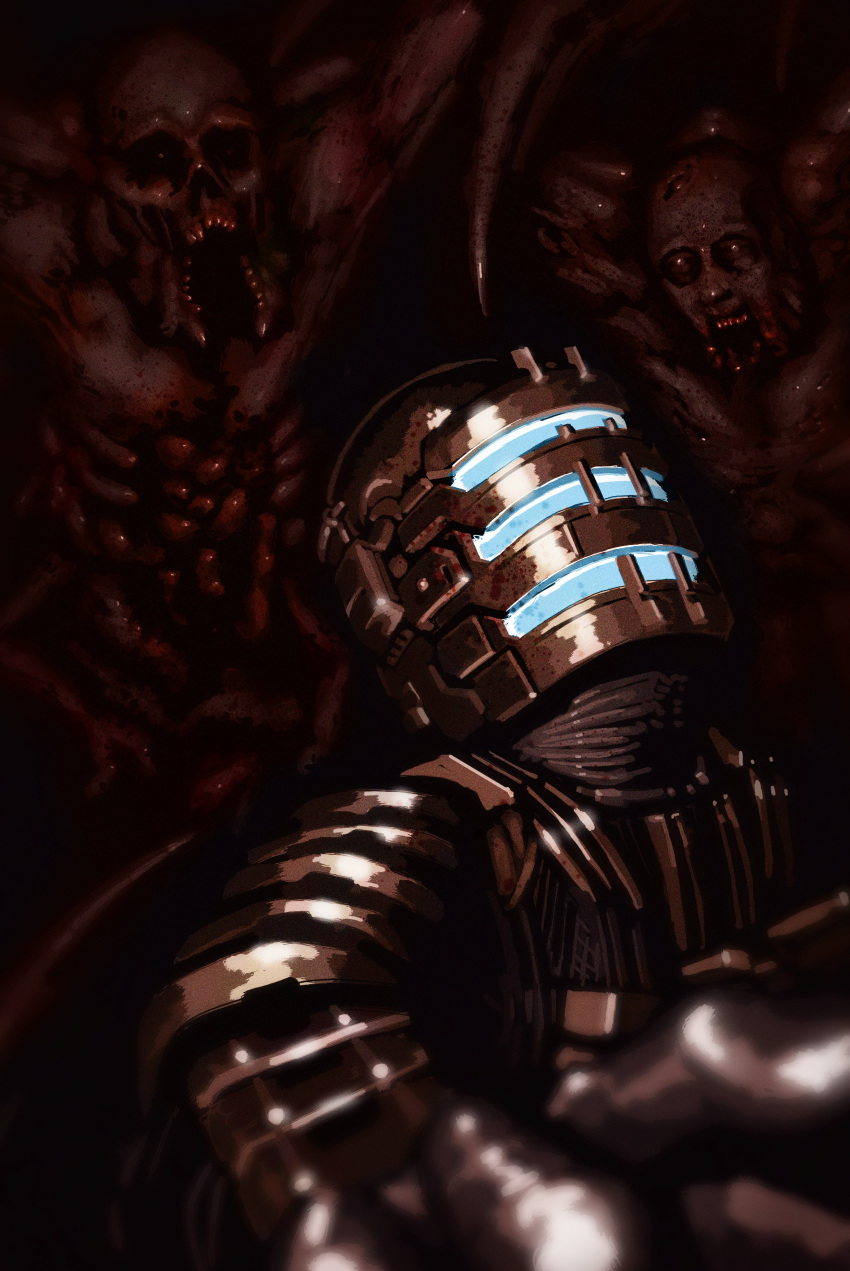 1boy absurdres alt_text armor black_gloves dead_space dead_space_1 dead_space_remake english_commentary gloves helmet highres horror_(theme) jj_rabbid looking_up male_focus necromorph open_mouth perspective power_armor