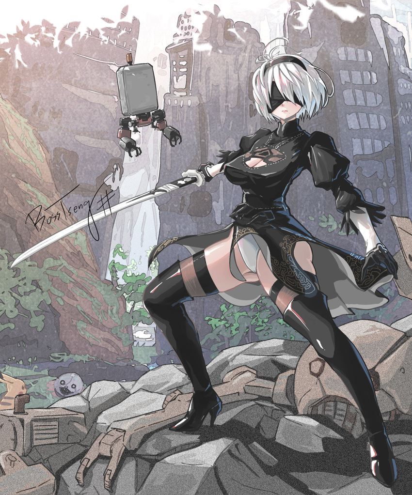 2b_(nier:automata) ahoge black_blindfold black_dress black_footwear black_gloves black_hairband black_thighhighs blindfold boots bosstseng breasts building cleavage cleavage_cutout clothing_cutout commentary_request dress expressionless fighting_stance full_body gloves hairband high_heel_boots high_heels highres holding holding_sword holding_weapon large_breasts leotard nier:automata nier_(series) pod_(nier:automata) robot ruins short_dress short_hair signature sword thigh_boots thighhighs water waterfall weapon white_hair white_leotard