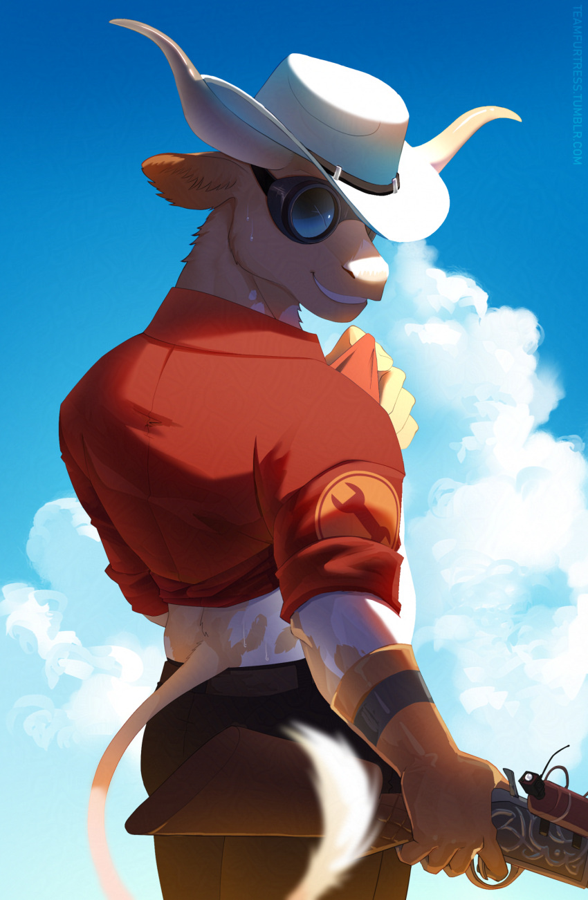 anthro bovid bovine cattle clothed clothing fur gun hi_res holding_object holding_ranged_weapon holding_weapon longhorn looking_at_viewer male mammal ranged_weapon sky skyscape smile solo tail team_fortress_2 teamfurtress valve weapon