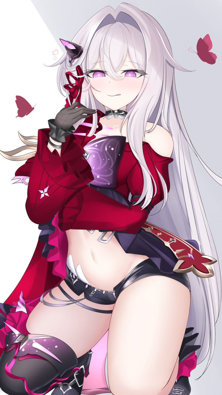 absurdres black_gloves black_shorts bow bug butterfly closed_mouth female gloves grey_background highres honkai_(series) honkai_impact_3rd jacket kneeling kokuyou_oath long_hair long_sleeves looking_at_viewer navel pink_bow pink_eyes purple_butterfly red_jacket short_shorts shorts single_thighhigh smile solo thelema_nutriscu thighhighs tongue tongue_out two-tone_background very_long_hair white_background white_hair wide_sleeves