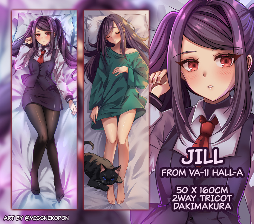 bartender black_cat blush dakimakura_(medium) dress english_text feline female fore_(va-11_hall-a) green_dress green_pajamas highres jill_stingray long_hair looking_at_viewer necktie nekoponart pajamas pantyhose purple_hair red_eyes red_necktie shirt sleeping twintails va-11_hall-a vest white_shirt