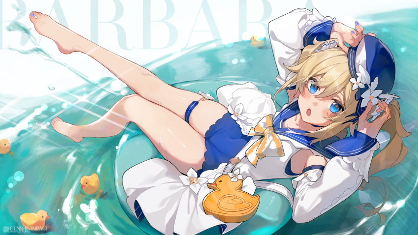 absurdres arms_up barbara_(genshin_impact) barbara_(summertime_sparkle)_(genshin_impact) barefoot blonde_hair blue_eyes blue_hat blue_nails blue_one-piece_swimsuit blue_sailor_collar blush_stickers bow bowtie casual_one-piece_swimsuit character_name choker collar commentary_request covered_nipples day detached_sleeves dress drill_hair female floating flower full_body genshin_impact hair_between_eyes hair_ornament hat highres long_hair looking_at_viewer lying nail_polish official_alternate_costume one-piece_swimsuit open_mouth rosem_lin rubber_duck sailor_collar sailor_hat solo sunlight swim_ring swimsuit thigh_strap toenail_polish toenails twin_drills twintails two-tone_bow two-tone_bowtie white_bow white_bowtie white_dress white_sleeves yellow_bow yellow_bowtie