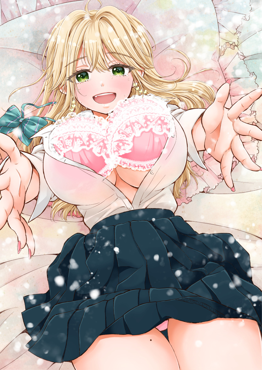 absurdres asahino_futaba black_skirt blonde_hair blush bow bra breasts clothes_lift earrings female frilled_bra frilled_pillow frills gal_nipa-chan_wa_semararetai green_bow green_eyes highres jewelry large_breasts long_hair looking_at_viewer lying mole mole_on_leg on_back on_bed open_clothes open_mouth open_shirt outstretched_arms panties pantyshot partially_unbuttoned pillow pink_bra pink_panties shirt skirt skirt_lift smile solo umeyama_tarako underwear white_shirt