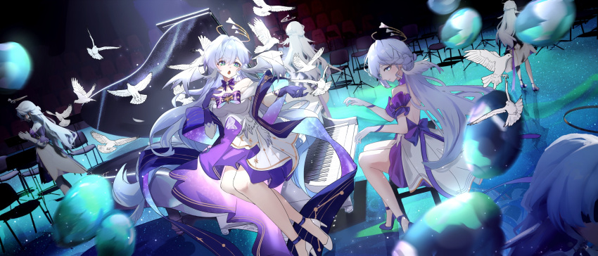 bare_legs bare_shoulders bird blue_hair breasts dress female gloves grand_piano green_eyes halo head_wings high_heels highres honkai:_star_rail honkai_(series) instrument large_breasts light_blue_hair long_hair multiple_views music on_chair open_mouth piano piano_keys playing_instrument playing_piano purple_dress purple_gloves robin_(honkai:_star_rail) siroka sitting too_many too_many_birds two-tone_dress white_bird white_dress white_footwear white_gloves wings