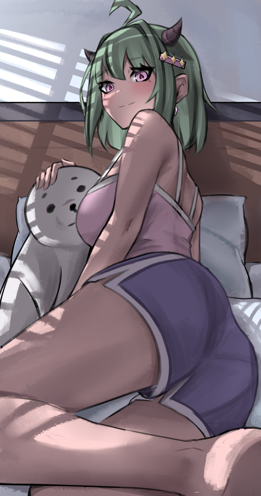 absurdres ahoge bare_legs black_horns breasts broken_heart camisole closed_mouth demon_horns earrings english_commentary feet_out_of_frame female green_hair hair_ornament heart heart-shaped_pupils highres horns jewelry karissa_sharlotte legs metanoia_live on_bed pillow pink_camisole pink_eyes purple_shorts seal_(animal) shorts silva_arts symbol-shaped_pupils virtual_youtuber