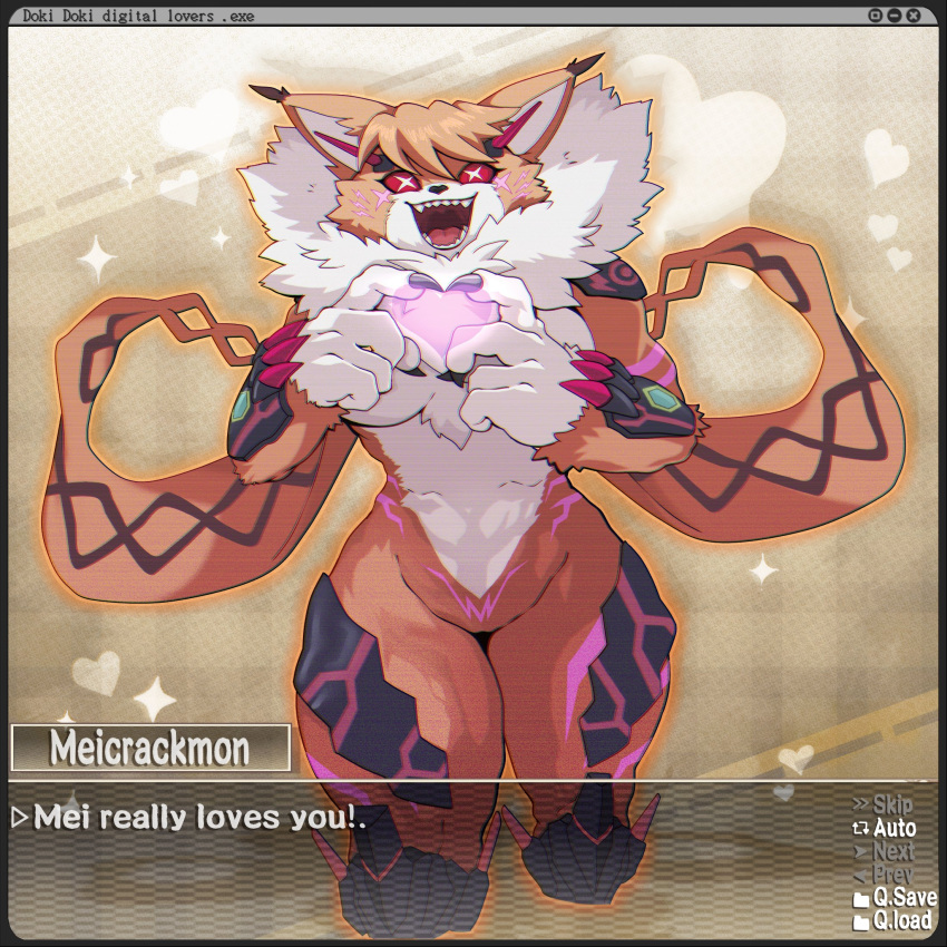 anthro armor bandai_namco black_body black_ear_tips black_fur black_nose body_armor breasts cross_pupils dclaret dclaretxrevolt dialogue_box digimon digimon_(species) dipstick_ears ear_markings english_text female fur fur_markings gesture hand_heart heart_symbol hi_res looking_at_viewer markings meicrackmon meicrackmon_vicious_mode multicolored_ears neck_tuft open_mouth orange_body orange_ears orange_fur pupils red_sclera solo teeth text tongue tuft visual_novel_interface white_body white_fur white_inner_ear white_pupils