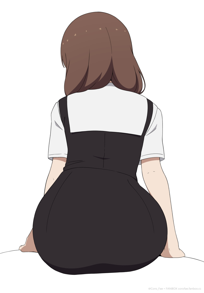 ass ass_focus black_dress brown_hair commentary coro_fae dress english_commentary female from_behind highres iino_miko kaguya-sama_wa_kokurasetai_~tensai-tachi_no_renai_zunousen~ school_uniform shirt shuuchiin_academy_school_uniform simple_background sitting solo white_background white_shirt