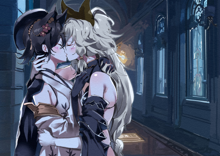 2girls animal_ears bare_shoulders beret black_gloves black_hair black_hat blush commentary_request detached_sleeves french_kiss from_side gloves granblue_fantasy grey_hair hallway hat heles ilsa_(granblue_fantasy) indoors japanese_clothes kimono kissing lamb_(hitsujiniku) long_hair long_sleeves multiple_girls profile sleeveless sleeveless_kimono very_long_hair white_kimono white_sleeves wide_sleeves window yuri