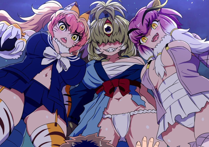 3girls animal_print breasts character_request claws cleavage fundoshi gloves green_hair highres japanese_clothes kemono_friends large_breasts mamiyama miniskirt multiple_girls navel open_clothes pink_hair revealing_clothes sharp_teeth skirt surrounded teeth tiger_print torn_clothes yellow_eyes