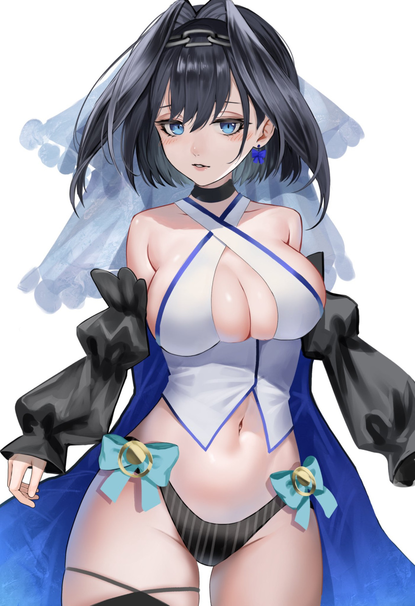 adapted_costume black_hair black_panties blue_eyes blush bow bow_earrings breasts chain_headband chains cleavage cowboy_shot criss-cross_halter earrings female hair_flaps hair_intakes halter_shirt halterneck headband highres hololive hololive_english jewelry karanashi_noma large_breasts looking_at_viewer navel no_pants ouro_kronii ouro_kronii_(1st_costume) panties parted_lips pinstripe_panties shirt short_hair simple_background sleeveless sleeveless_shirt solo underwear virtual_youtuber white_background white_shirt white_veil