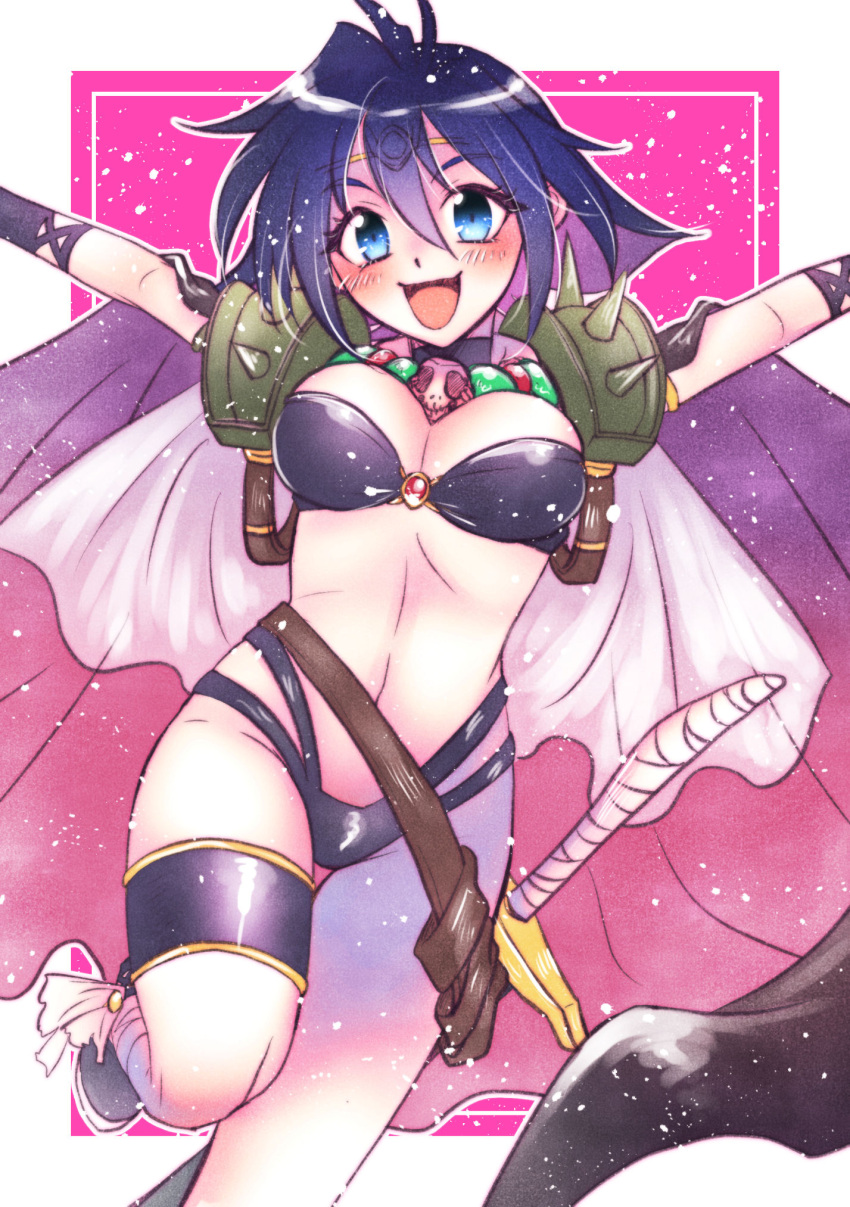 amelia_wil_tesla_seyruun ao_(yashuring) blue_eyes blue_hair blush breasts cape choker cleavage colored_inner_hair commission female hair_between_eyes headband highres jewelry leg_up long_bangs looking_at_viewer medium_breasts midriff multicolored_cape multicolored_clothes multicolored_hair open_mouth outstretched_arms purple_hair short_hair skeb_commission slayers smile solo spread_arms standing standing_on_one_leg sword weapon