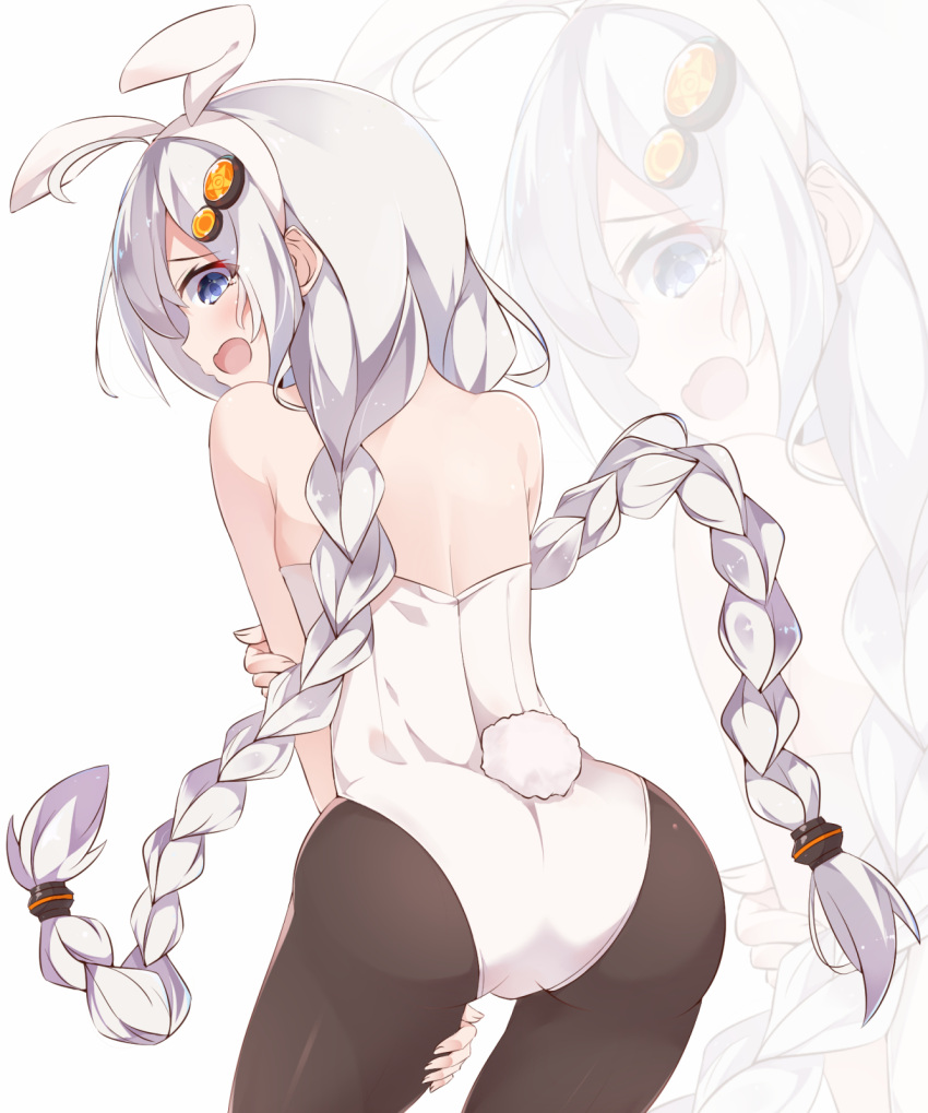 animal_ears ass bare_shoulders black_pantyhose blue_eyes cowboy_shot fake_animal_ears female fingernails from_behind furrowed_brow hairband hand_on_own_arm hand_on_own_thigh highres kizuna_akari leotard long_hair looking_back open_mouth pantyhose playboy_bunny rabbit_ears rabbit_tail sideways_mouth simple_background solo tail voiceroid white_background white_hair white_hairband white_leotard yoriha_yashiro zoom_layer