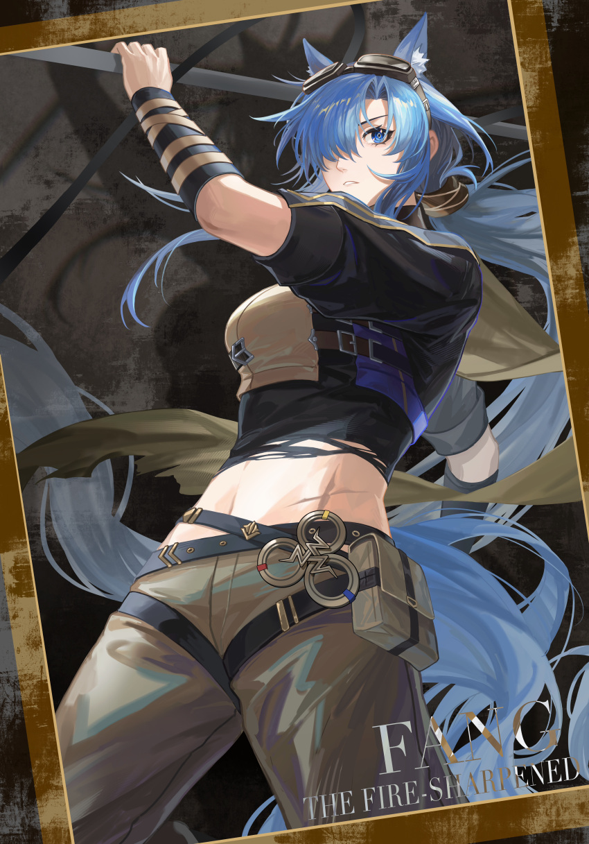 absurdres animal_ear_fluff animal_ears arknights arm_up black_shirt blue_eyes blue_hair brown_pants character_name commentary_request cowboy_shot diamond-shaped_pupils diamond_(shape) fang_(arknights) fang_the_fire-sharpened_(arknights) female goggles goggles_on_head hair_over_one_eye highres holding holding_polearm holding_weapon horse_ears horse_girl horse_tail kongwuming long_hair looking_at_viewer midriff multicolored_shirt navel pants parted_lips picture_frame polearm pouch scar scar_on_stomach shirt short_sleeves solo symbol-shaped_pupils tail thigh_pouch torn_clothes torn_shirt very_long_hair weapon